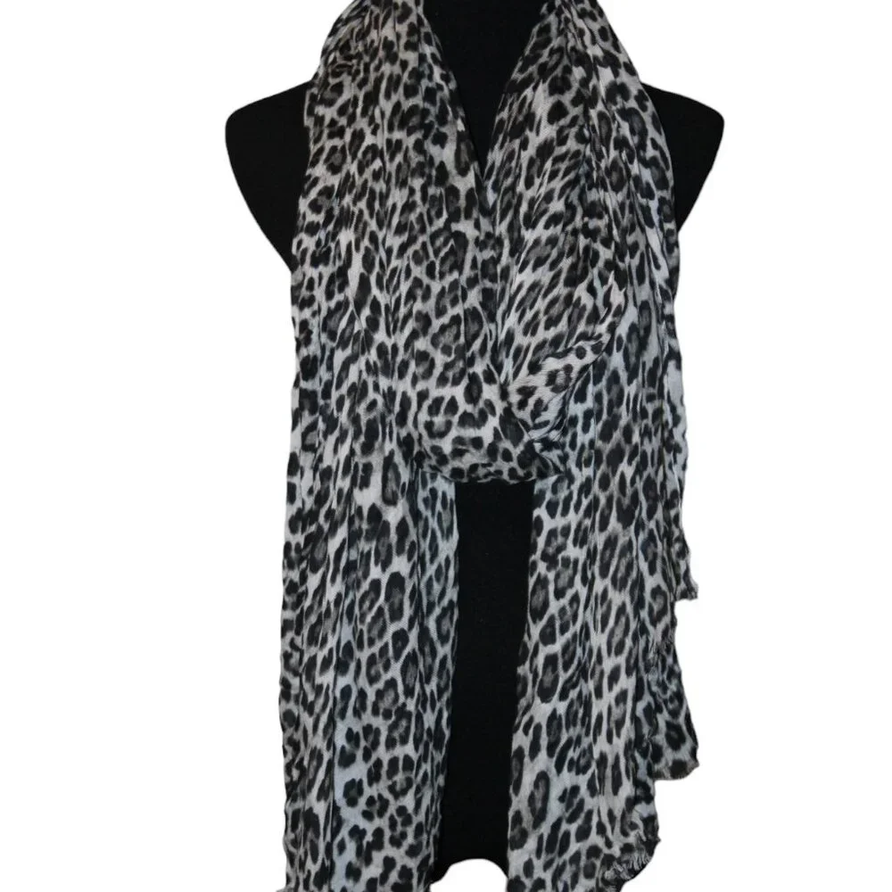 HUGE Large Leopard Animal Print Black White Scarf! EUC! Fun! 104